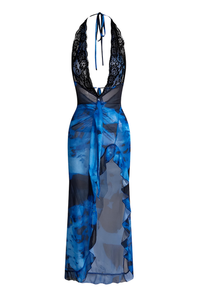 Siren Blue Ruffled Plunge Neck Asymmetrical Dress -