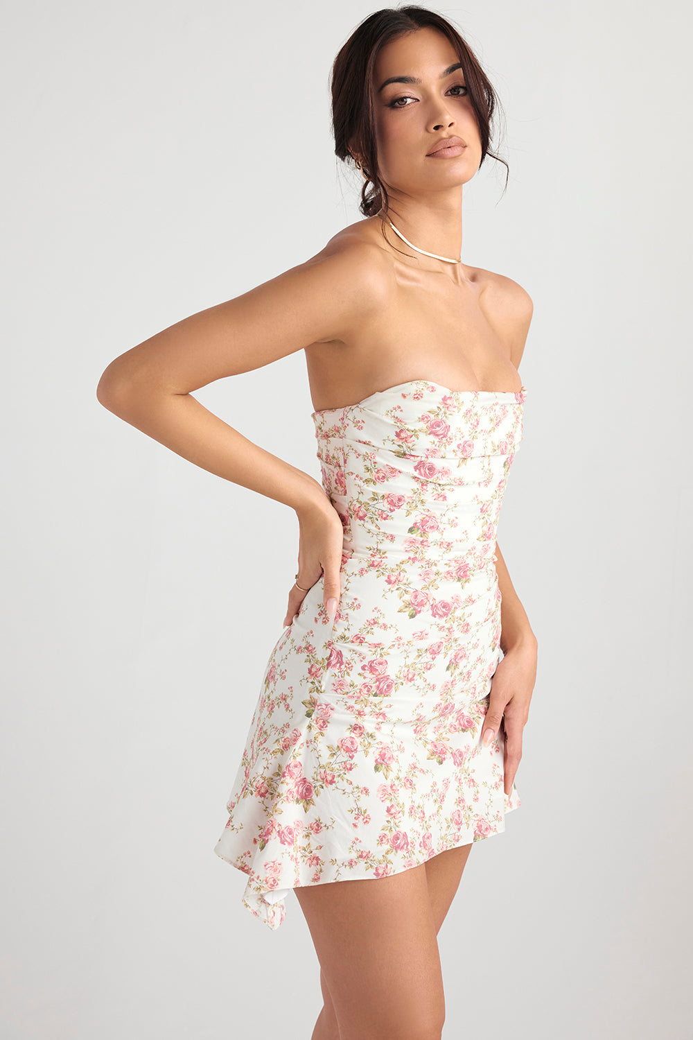 JASMINE ROSE PRINT DRAPED CORSET MINI DRESS - White