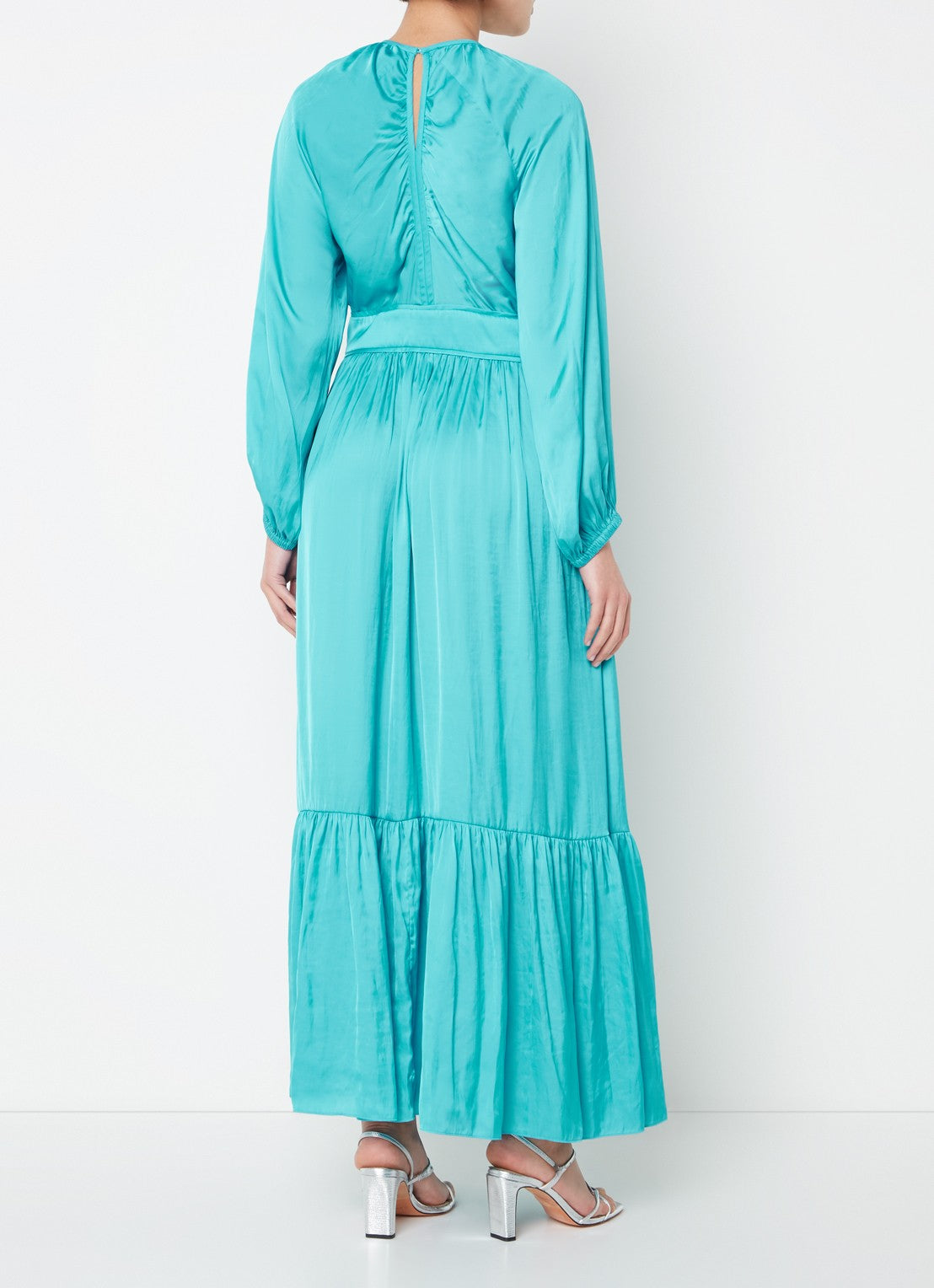 OUT OF STOCK V-neck satin maxi dress with flounce