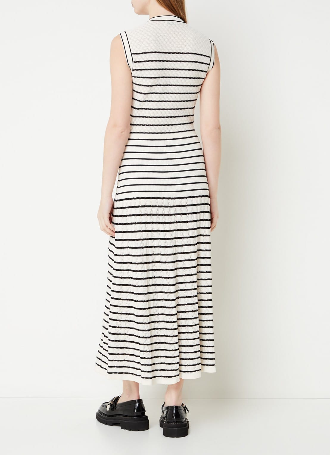 Sandro Fine knit maxi blouse dress with stripe print and patch pockets