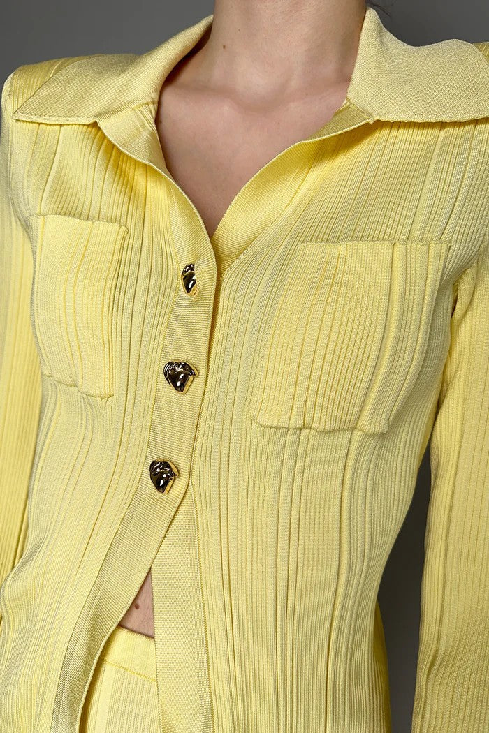 SELF-PORTRAIT RIBBED VISCOSE KNIT BLOUSE IN YELLOW