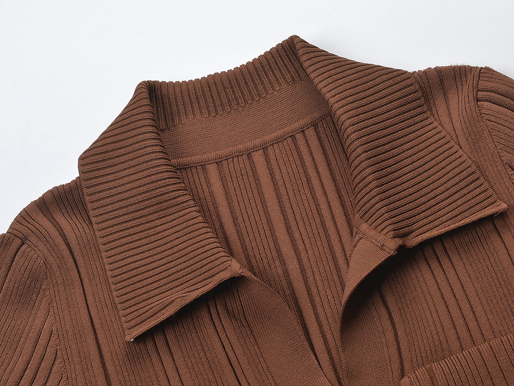 New Caramel Short Sleeve Lapel Knit Skirt