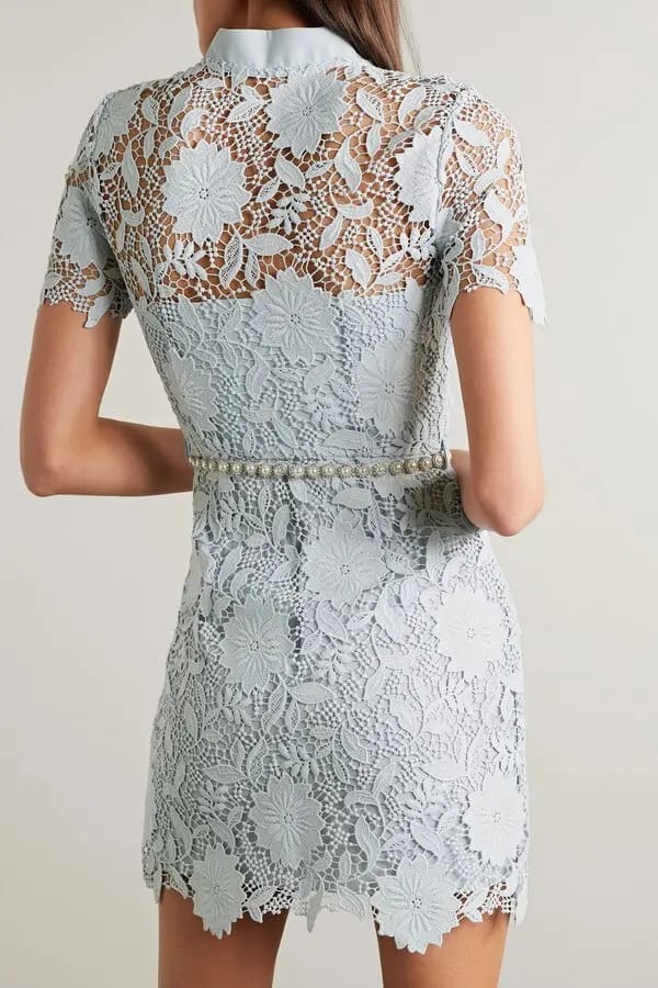 Embellished Guipure Lace Mini Dress - Blue