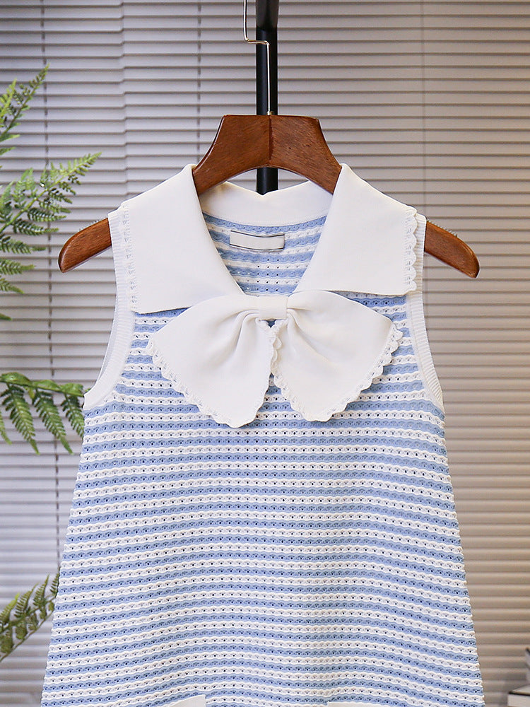 Sweet Bow Lapel Striped Dress