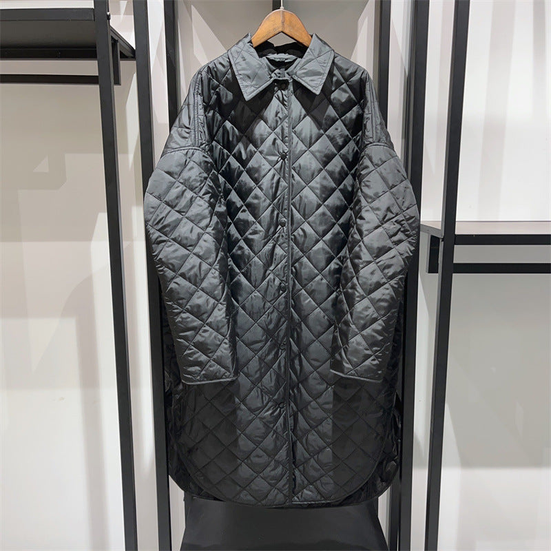 Loose Cocoon Single-breasted Quilted Lingge Coat Long Cotton Jacket