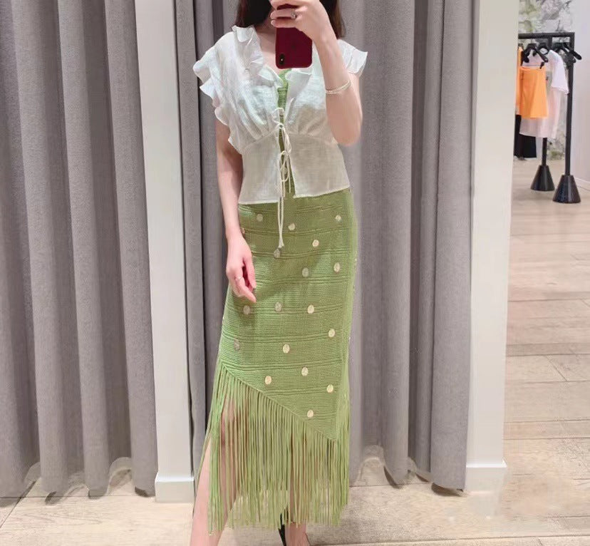 Suspenders Tassel Solid Color Knitted Skirt Set