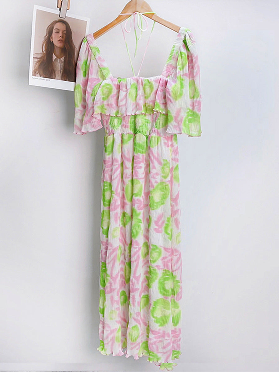 Printed Pressed Pleated Chiffon Dress