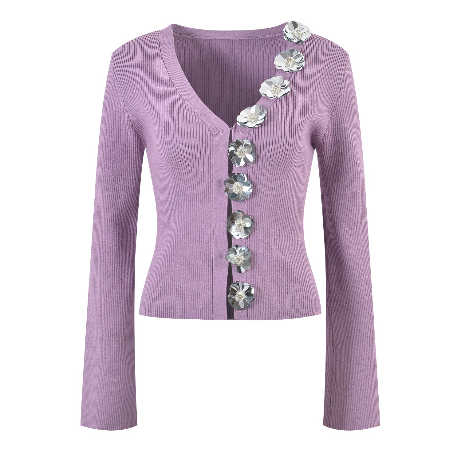 V-neck Knitted Cardigan Women's 2023 Autumn New Heavy Industry Sequin Flower Niche Design Slim Top