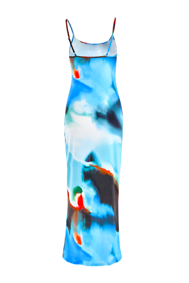 Aurora Blue Abstract Print Spaghetti Strap Maxi Dress -