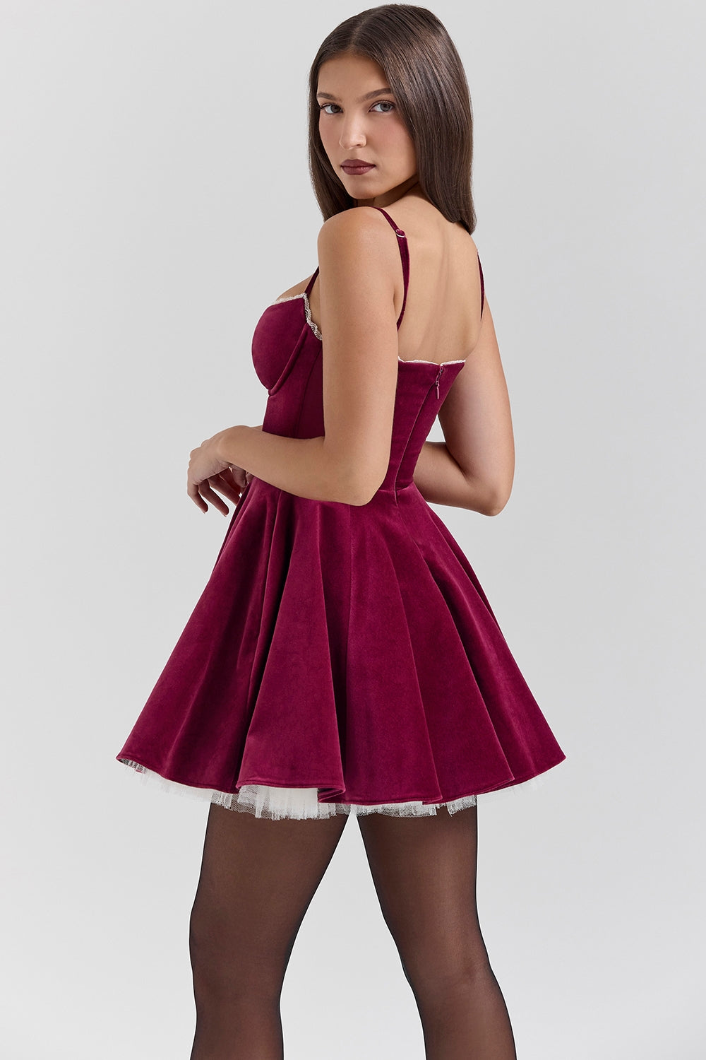 Burgundy Velvet Tulle Mini Dress - Red