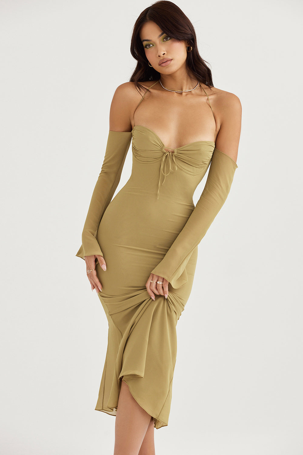 NAOMI OLIVE HALTER MIDI DRESS - Olive green