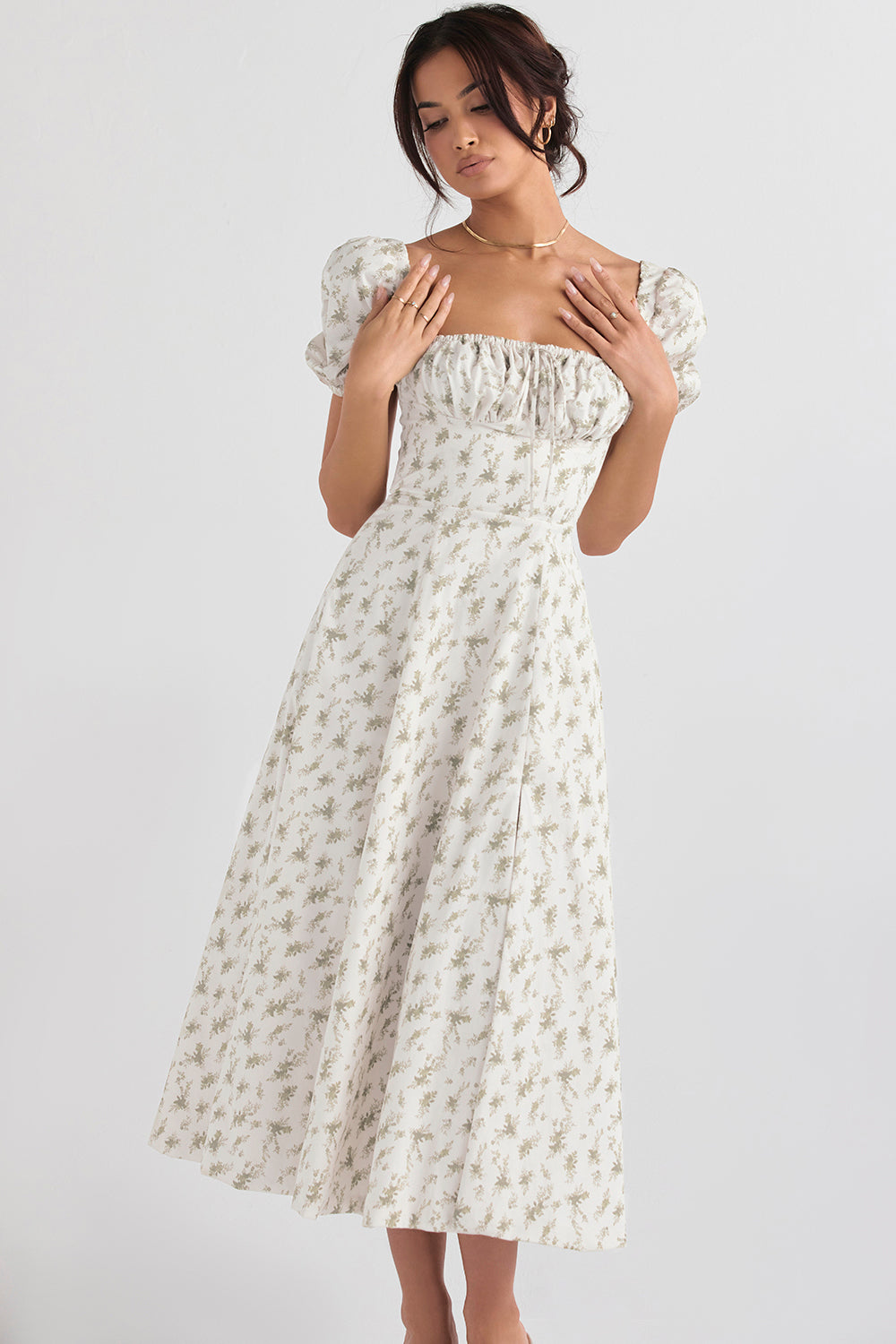 TALLULAH GARDEN PRINT PUFF SLEEVE MIDI SUNDRESS. - White