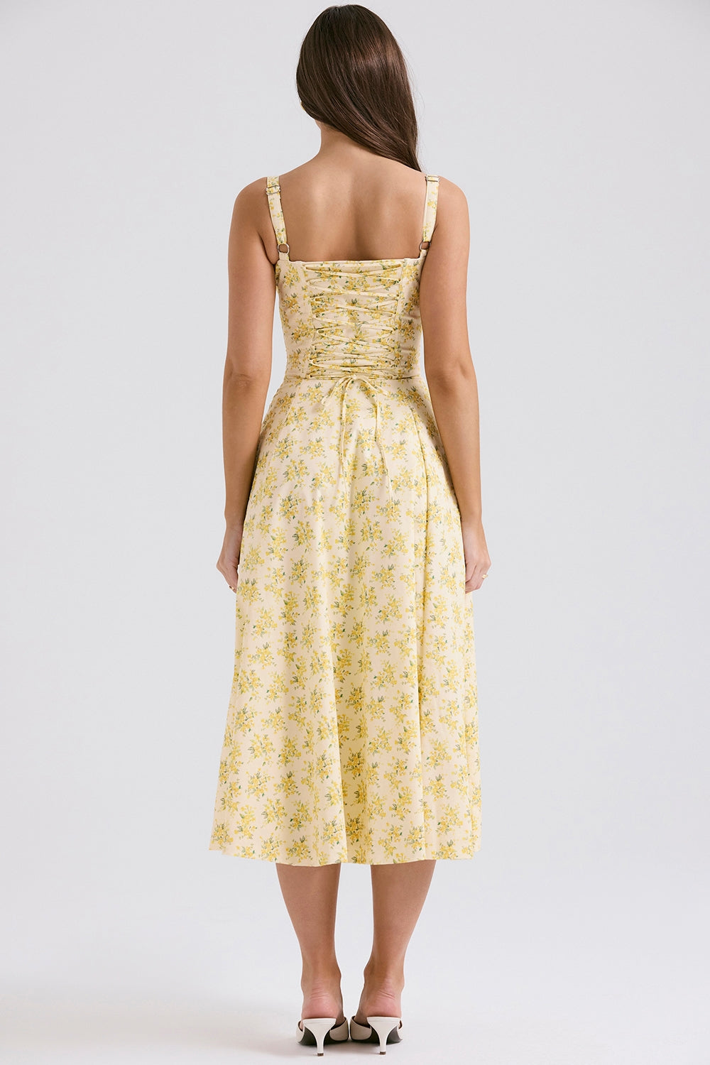 CARMEN BUTTERCUP VINTAGE FLORAL PRINT COTTON BUSTIER SUNDRESS MIDI DRESS - Yellow