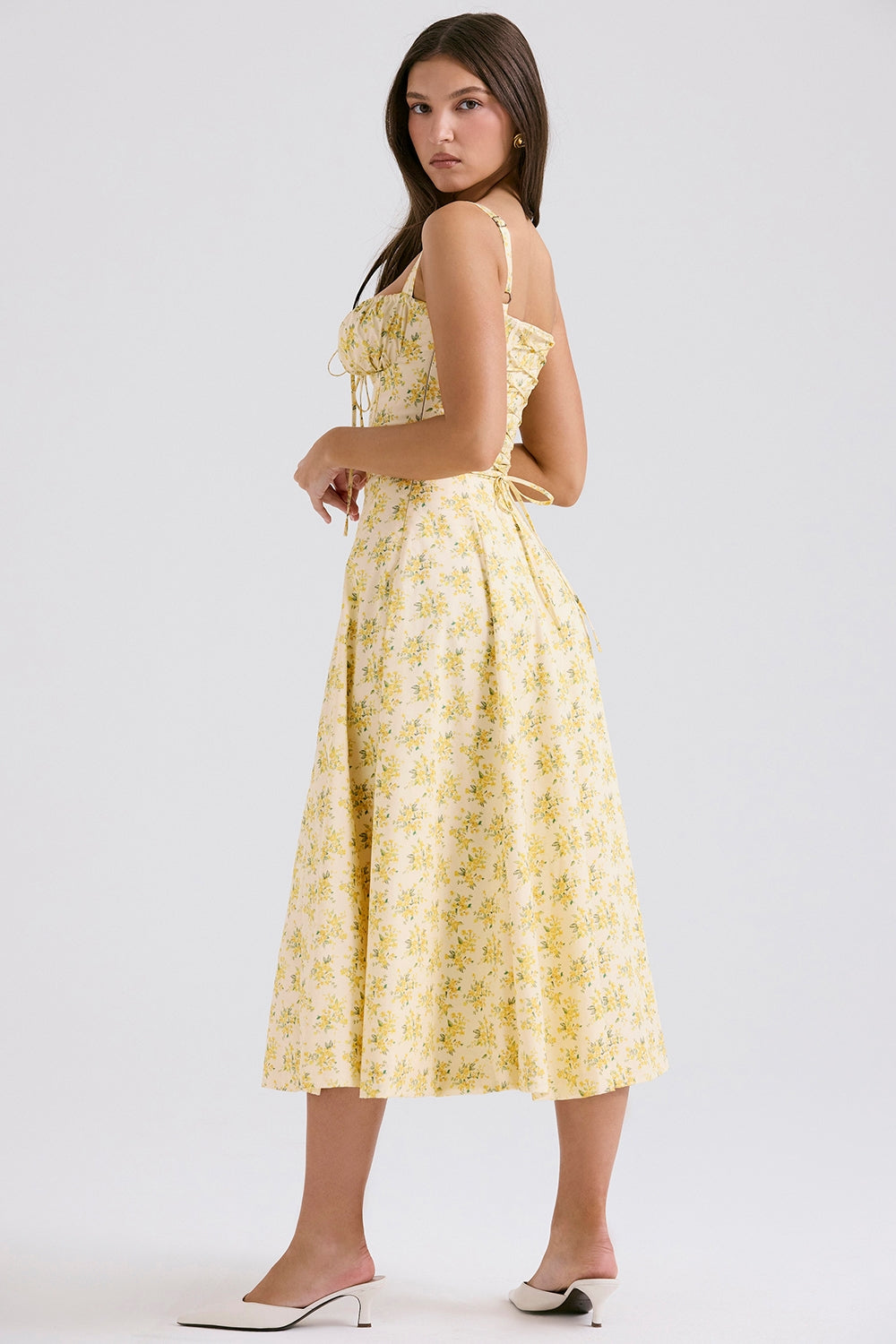 CARMEN BUTTERCUP VINTAGE FLORAL PRINT COTTON BUSTIER SUNDRESS MIDI DRESS - Yellow