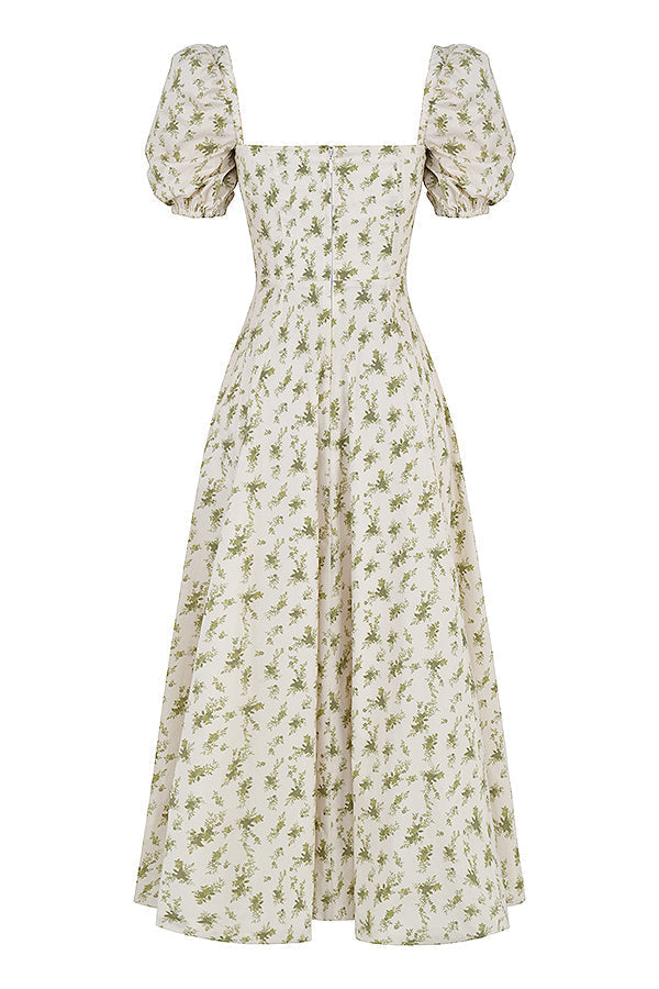 TALLULAH GARDEN PRINT PUFF SLEEVE MIDI SUNDRESS. - White