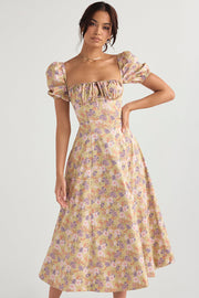 Tallulah Peony Print Floral Puff Sleeve Maxi / Midi Dress - Beige Dresses