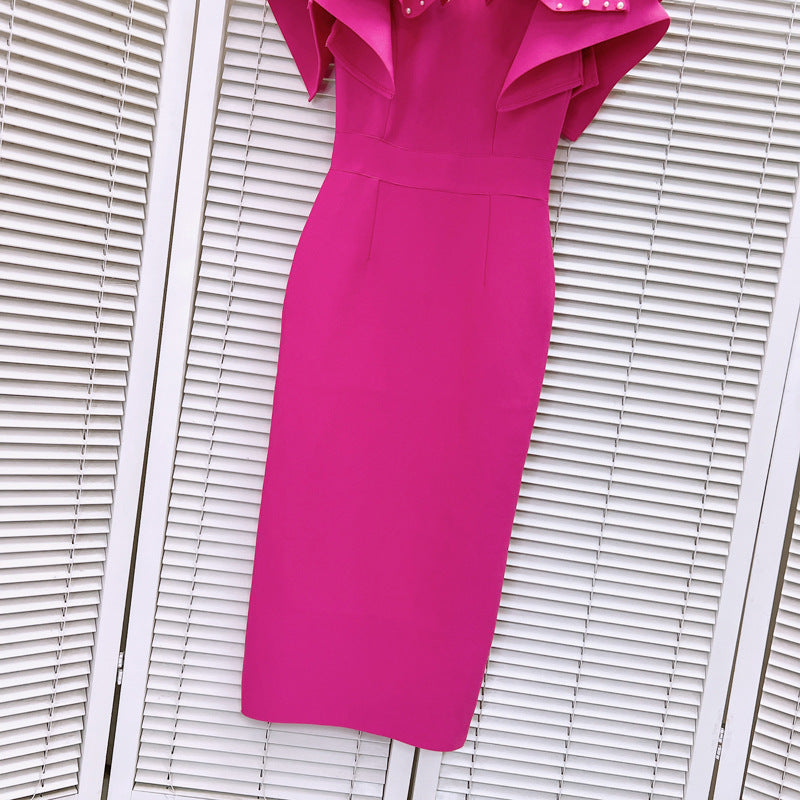 Pink bead bow midi bandage dress