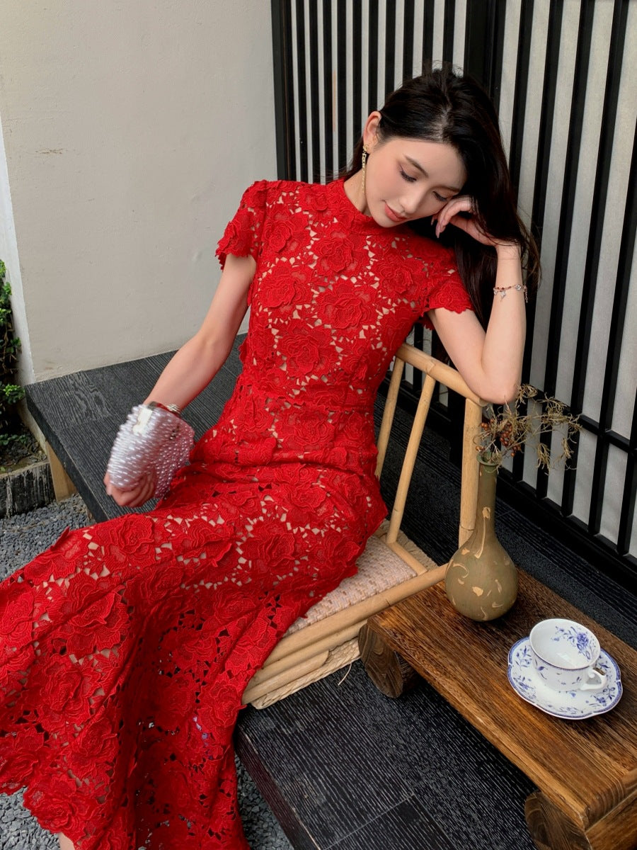 Three-dimensional heavy lace fishtail long dress