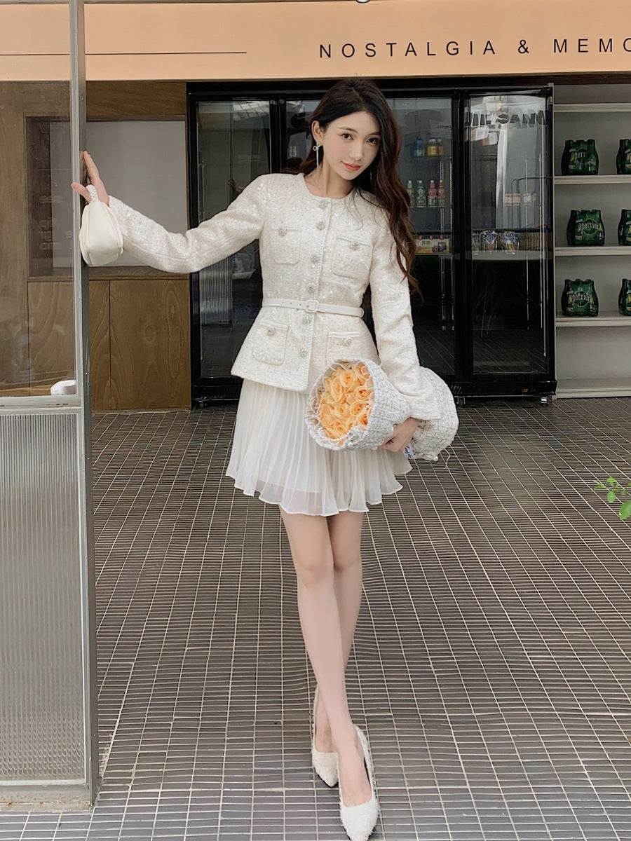 long sleeve beige dress fake two-piece dress