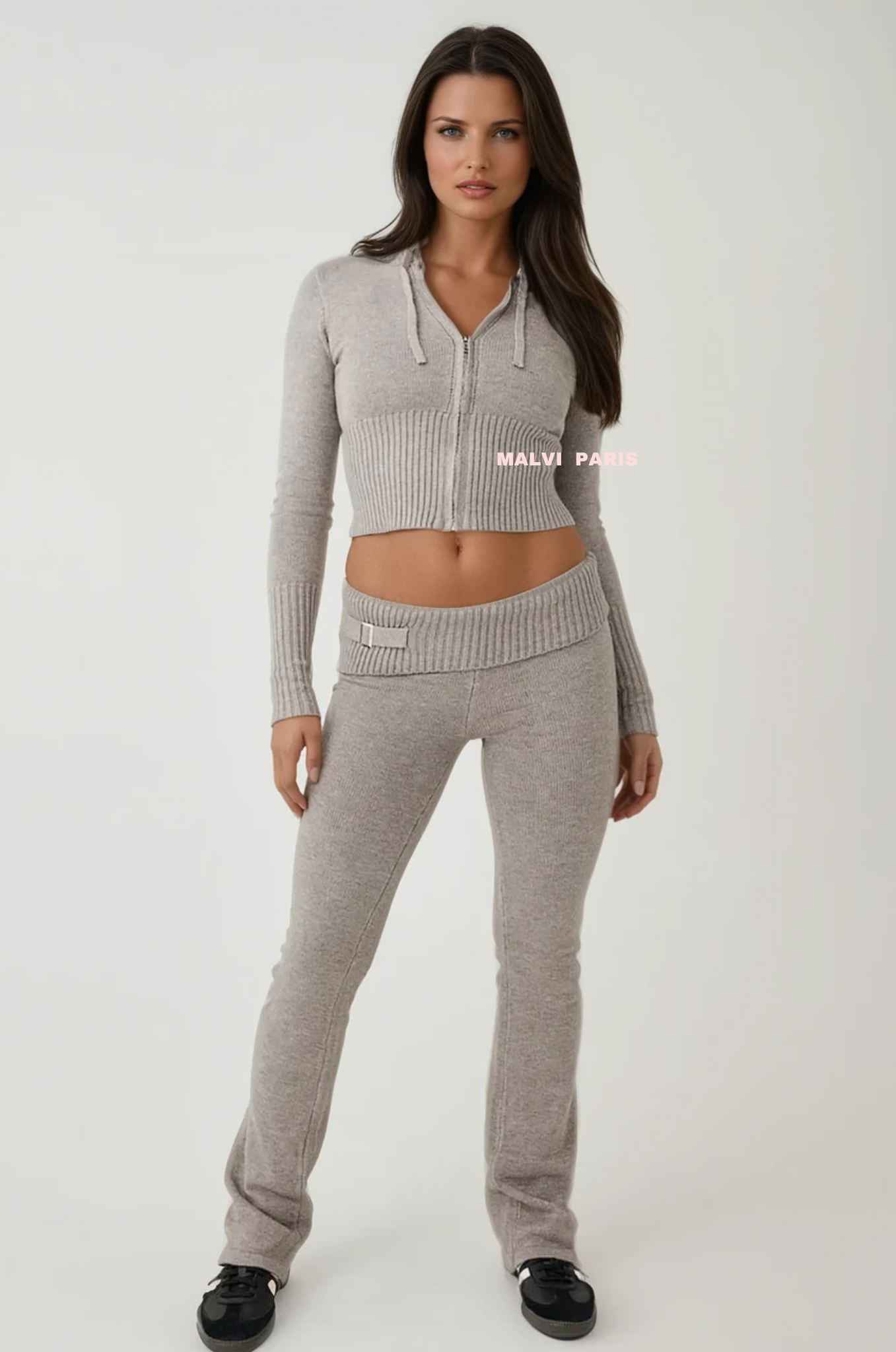 Aimee Zip Up Soft Cloud Knit Hoodie Top and pants set - Grey