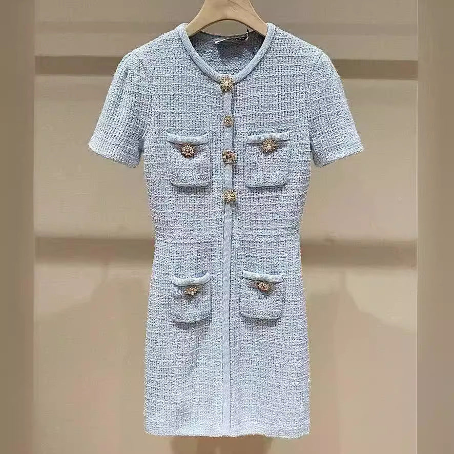 Blue Button Design Short Sleeve Waist Dress