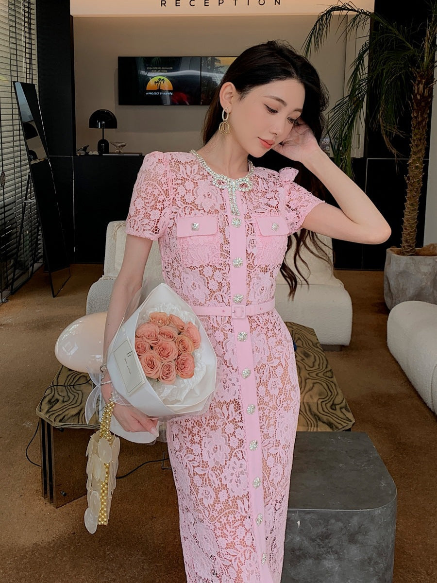 pink lace high-waisted slim maxi dress