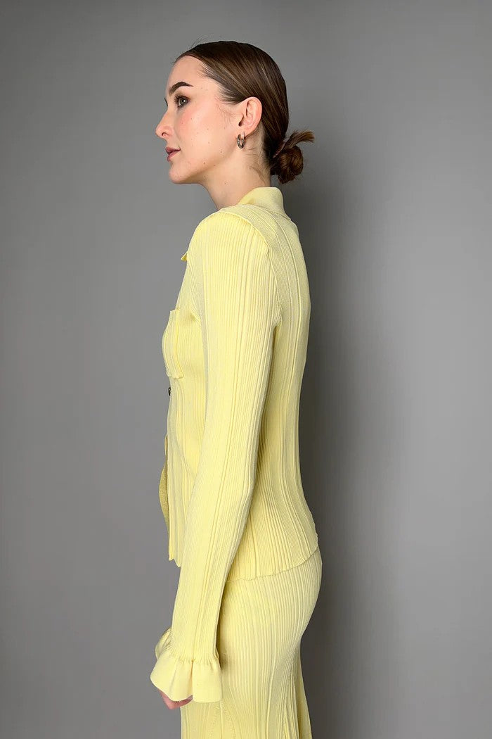 SELF-PORTRAIT RIBBED VISCOSE KNIT BLOUSE IN YELLOW