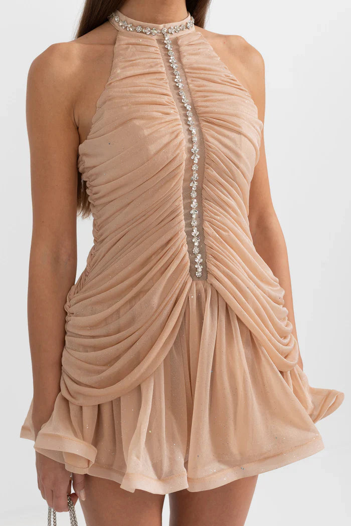 Sleeveless Halter Dress with Pearl Accents