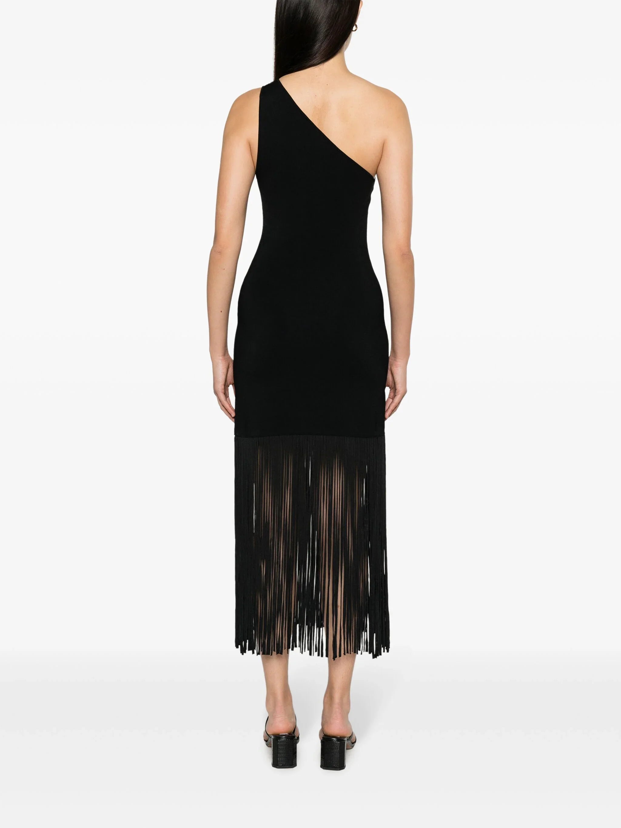 OUT OF STOCK asymmetric fringed midi dress