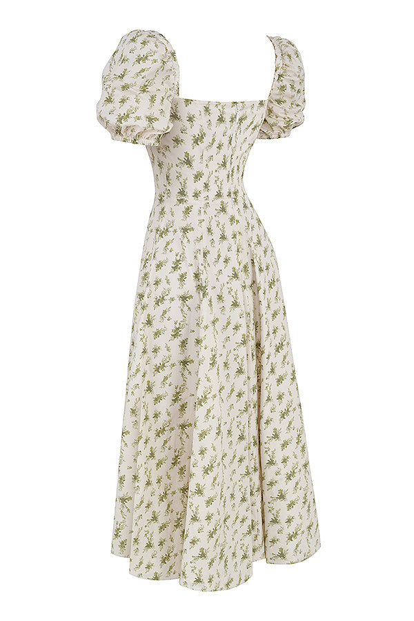 TALLULAH GARDEN PRINT PUFF SLEEVE MIDI SUNDRESS. - White