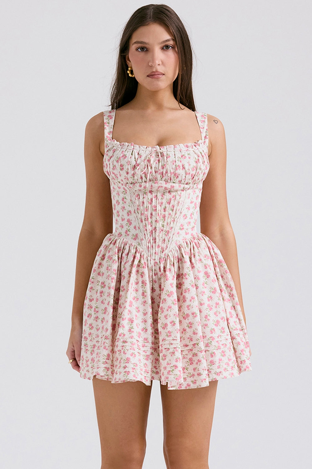 NATASSIA WHITE ROSEBUD PRINT COTTON MINI DRESS - White