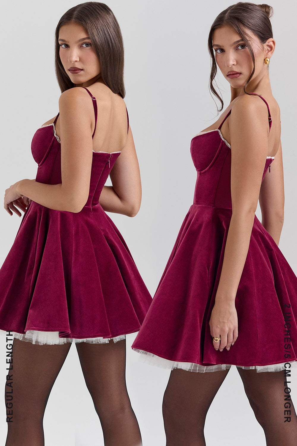 Burgundy Velvet Tulle Mini Dress - Red