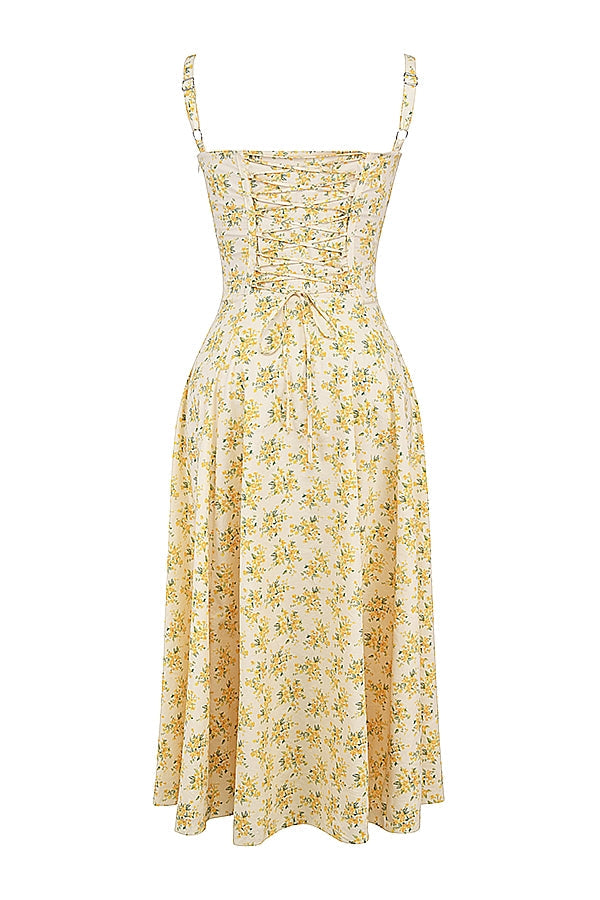 CARMEN BUTTERCUP VINTAGE FLORAL PRINT COTTON BUSTIER SUNDRESS MIDI DRESS - Yellow