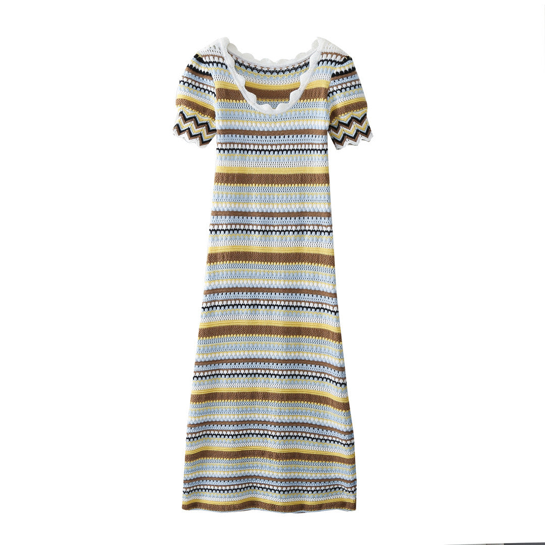 Loretta Striped Crochet Knit Midi Dress - Mustard, Light Blue, and White