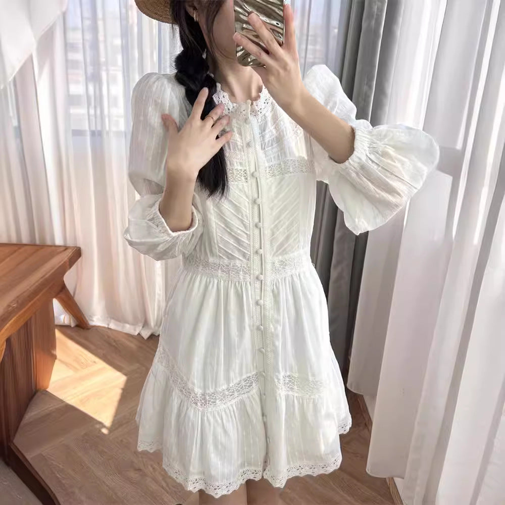 Long sleeve cotton white midi dress women