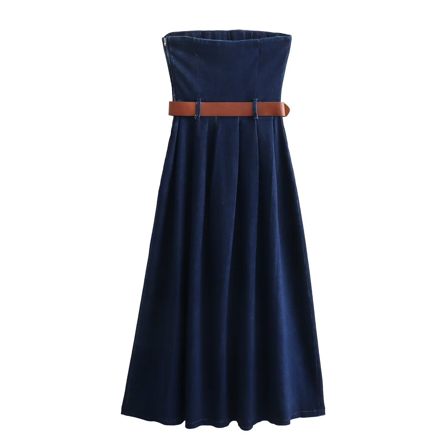 Zar  Retro with Belt Denim Midi Dress