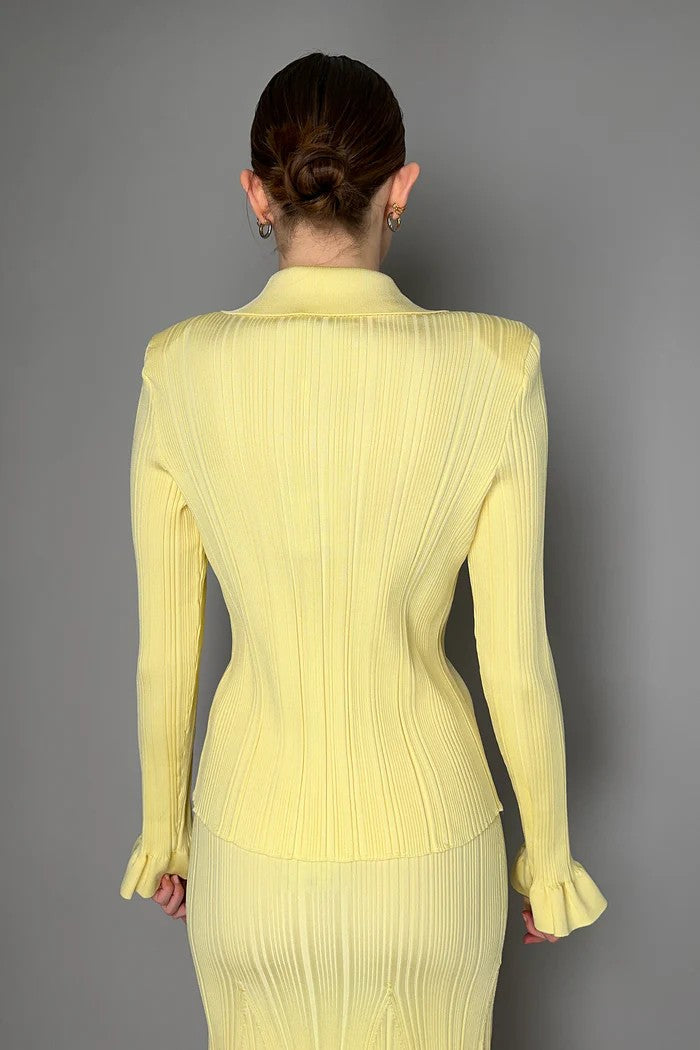 SELF-PORTRAIT RIBBED VISCOSE KNIT BLOUSE IN YELLOW