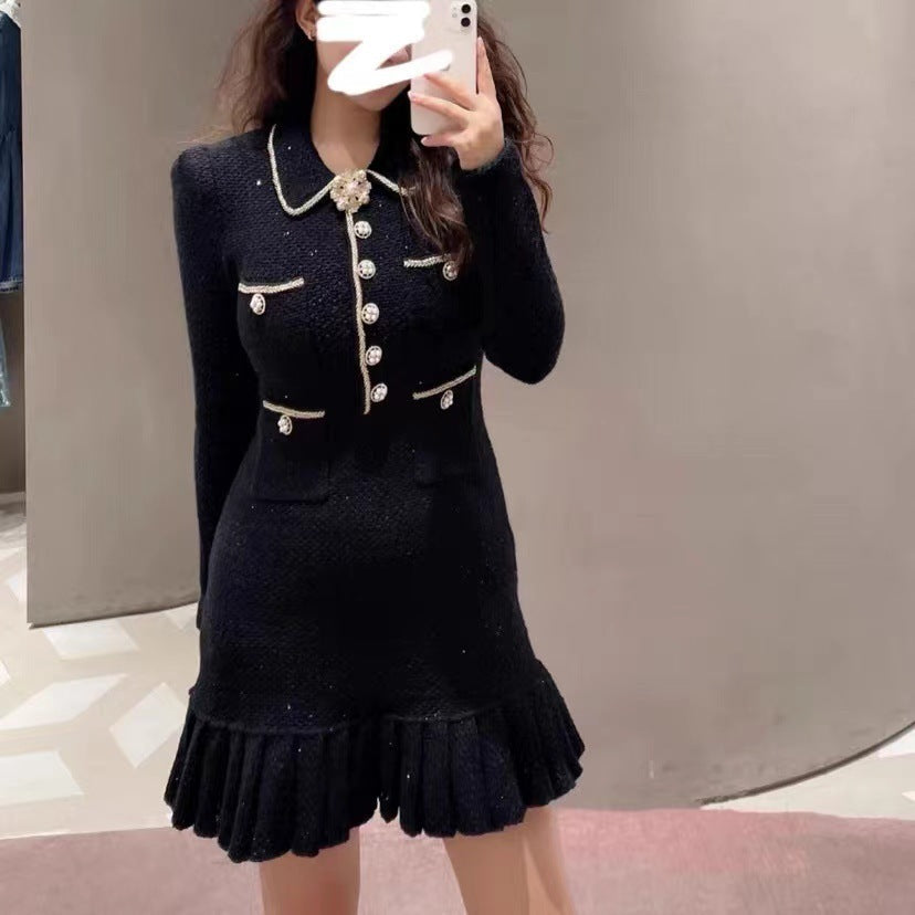 Long Sleeve Diamond Buckle POLO Neck Knitted Hip Dress