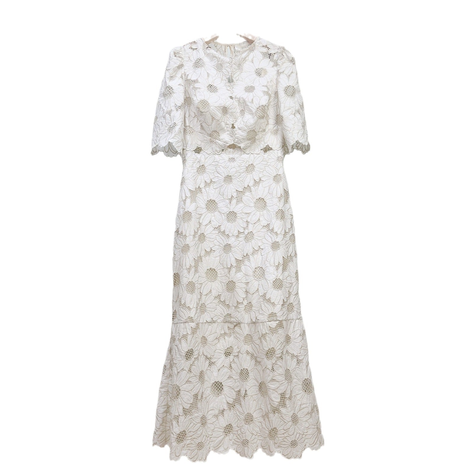 Celestine Embroidered Daisy Lace Midi Dress in Ivory  - White Beige