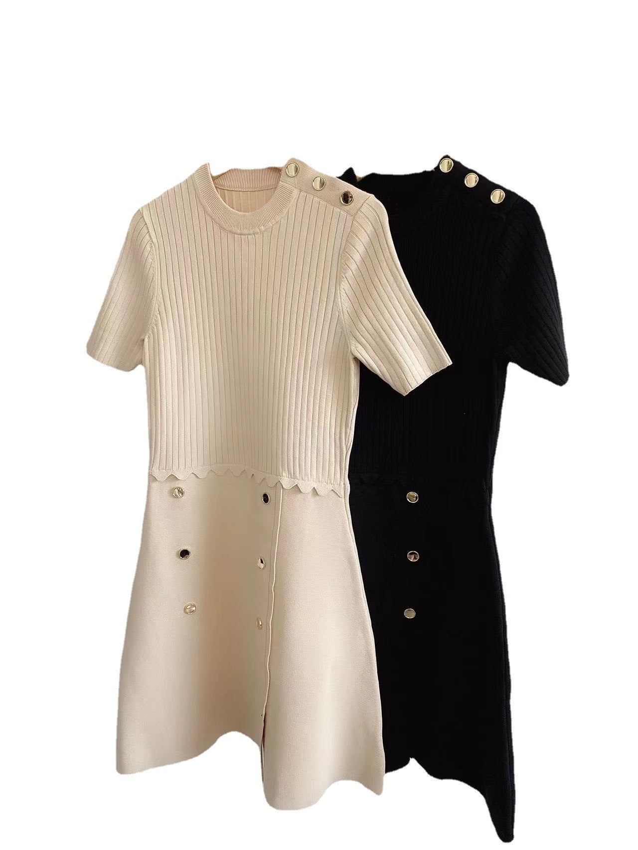 Metal Button Embellished Knitted Short Sleeve Dress