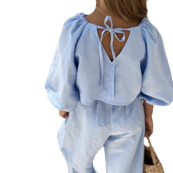 Girls Spring/Summer Cotton and Linen Fashion Medium Sleeve Lace-up Top + Casual Pants Duo Set