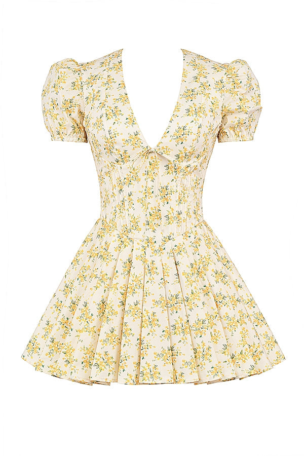 IMANI BUTTERCUP VINTAGE FLORAL PRINT PLEATED COTTON MINI DRESS - Yellow