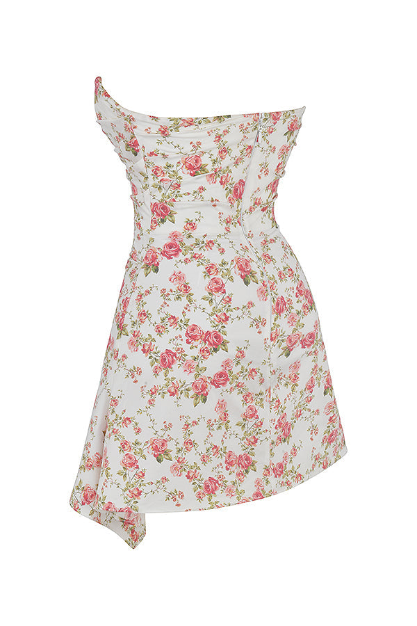 JASMINE ROSE PRINT DRAPED CORSET MINI DRESS - White