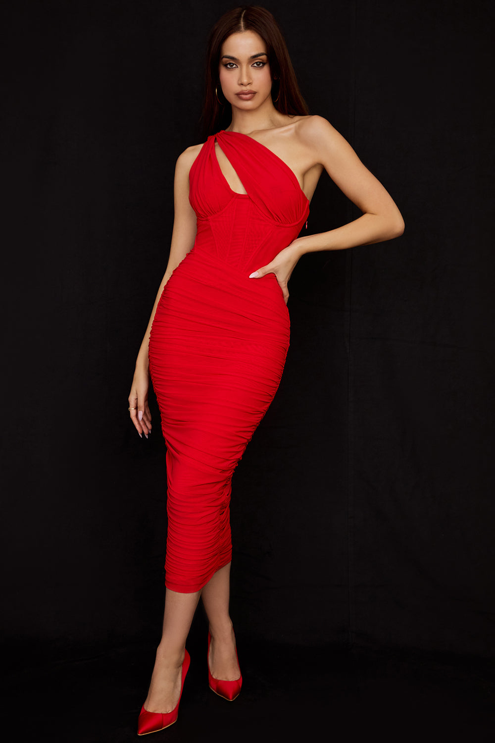 VALENTINA SCARLET ASYMMETRIC CUTOUT MIDI DRESS - Red