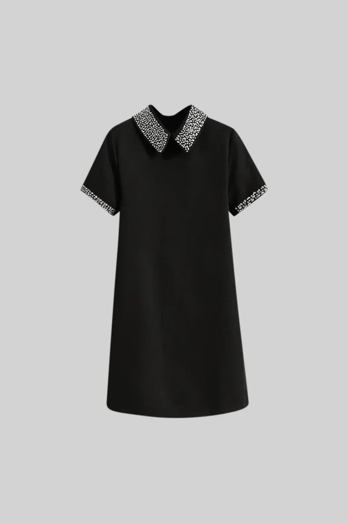 SHORT SLEEVE CLASSIC DRESS WITH JEWEL COLLAR - BLACK