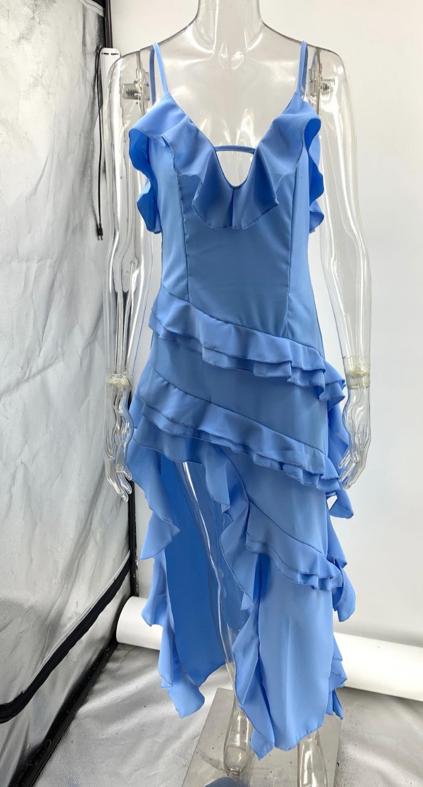 SANTORINI  RAYON  RUFFLE CUT OUT  ASYMMETRIC COCKTAIL MAXI DRESS - Blue