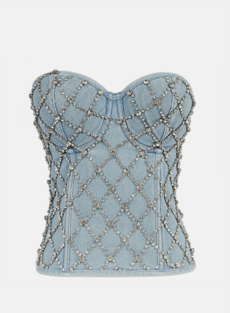 SERAPHINA DENIM CORSET RHINESTONE FISHNET BUSTIER TOP - Blue