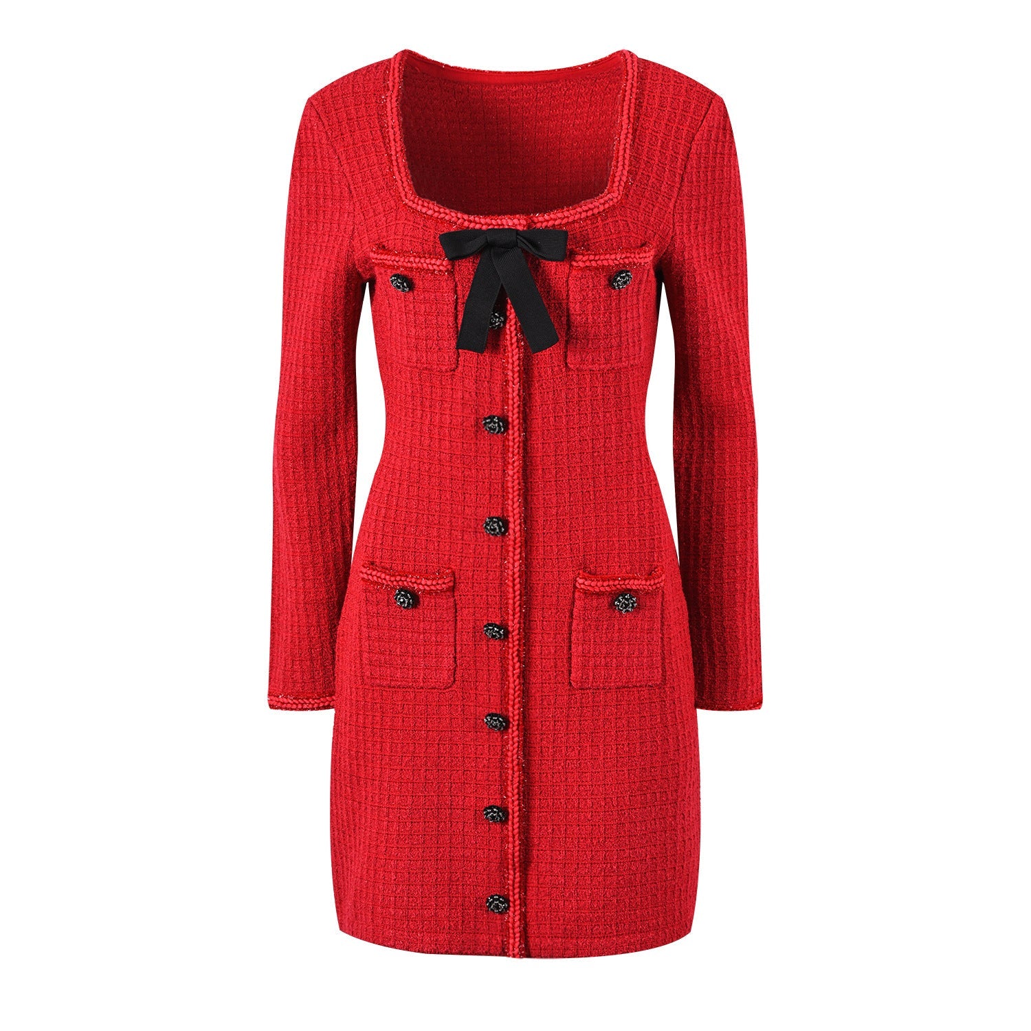 Red Bow Square Neck Xiao Xiang Slim Fit Knit Dress