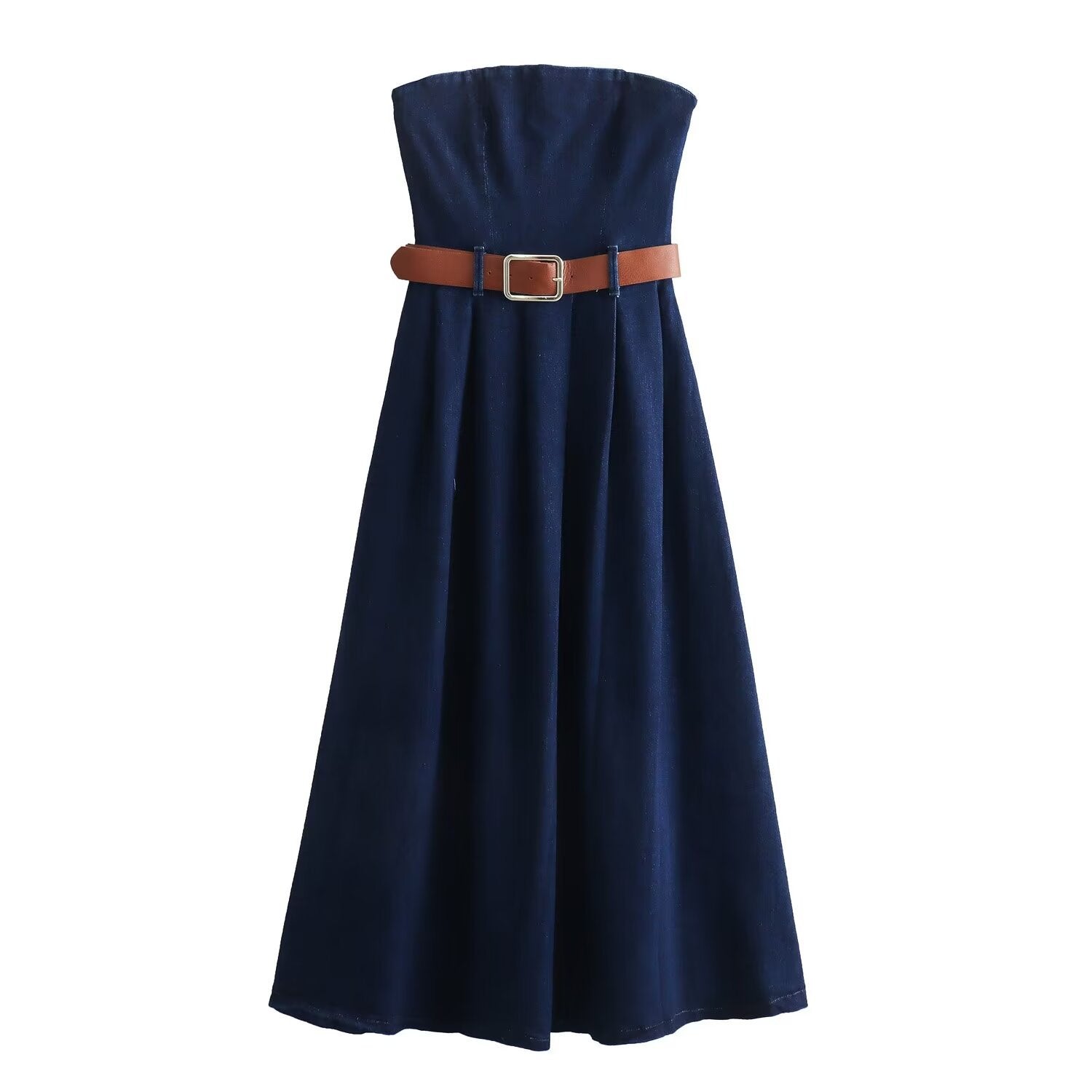 Zar  Retro with Belt Denim Midi Dress