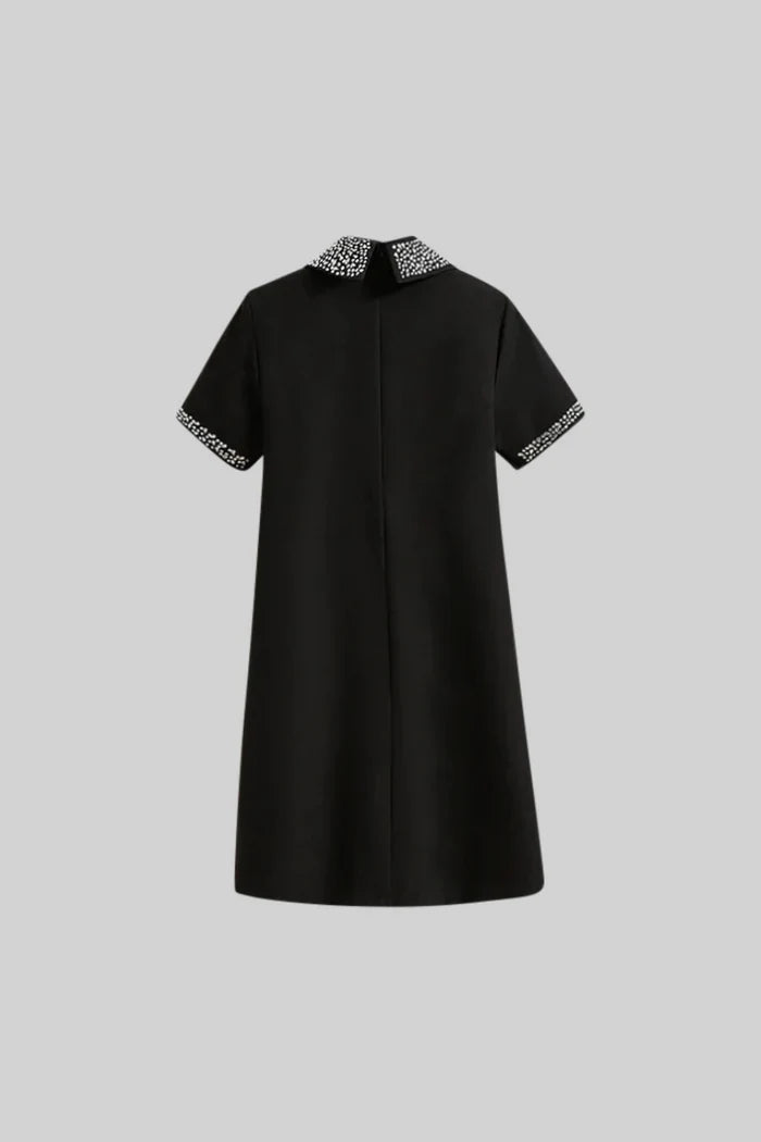 SHORT SLEEVE CLASSIC DRESS WITH JEWEL COLLAR - BLACK